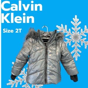 Calvin Klein Metallic Silver Jacket with Fur Trim - Size 2T